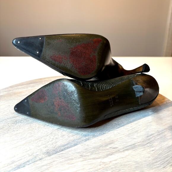 Gucci Snakeskin Embossed Pointed-Toe Dark Green Leather Pumps Italy US Size 7 - Picture 10 of 14